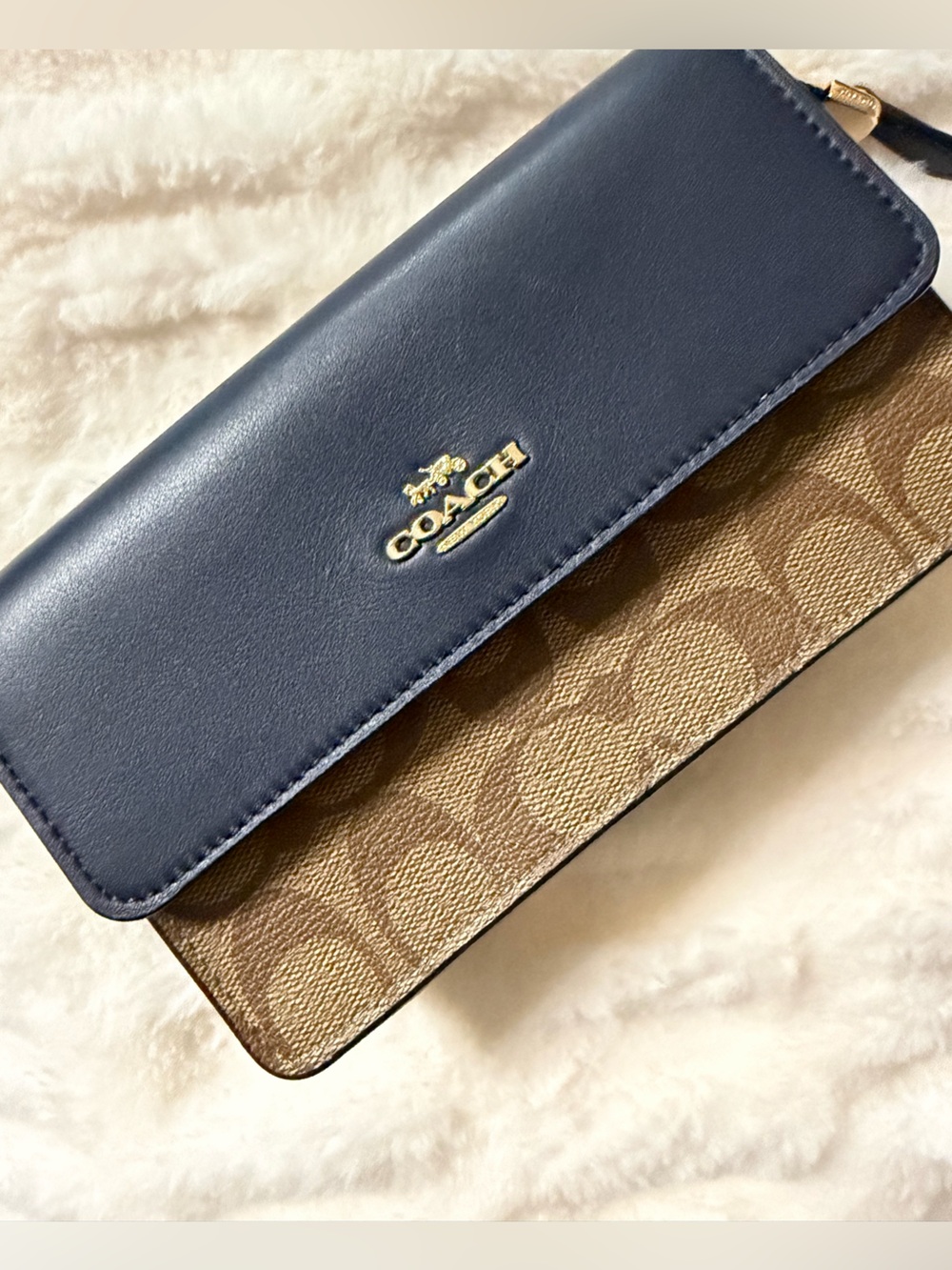 Coach Navy Leather and Tan Signature Canvas Foldover Wallet with Gold Logo